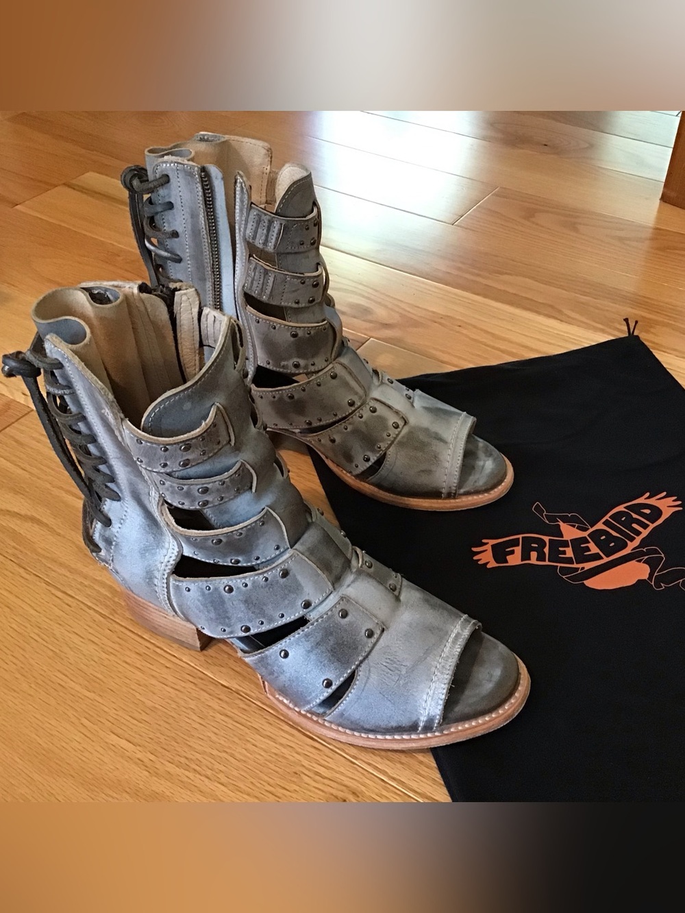 freebird Distressed Gray Strappy Open-Toe Ankle Booties